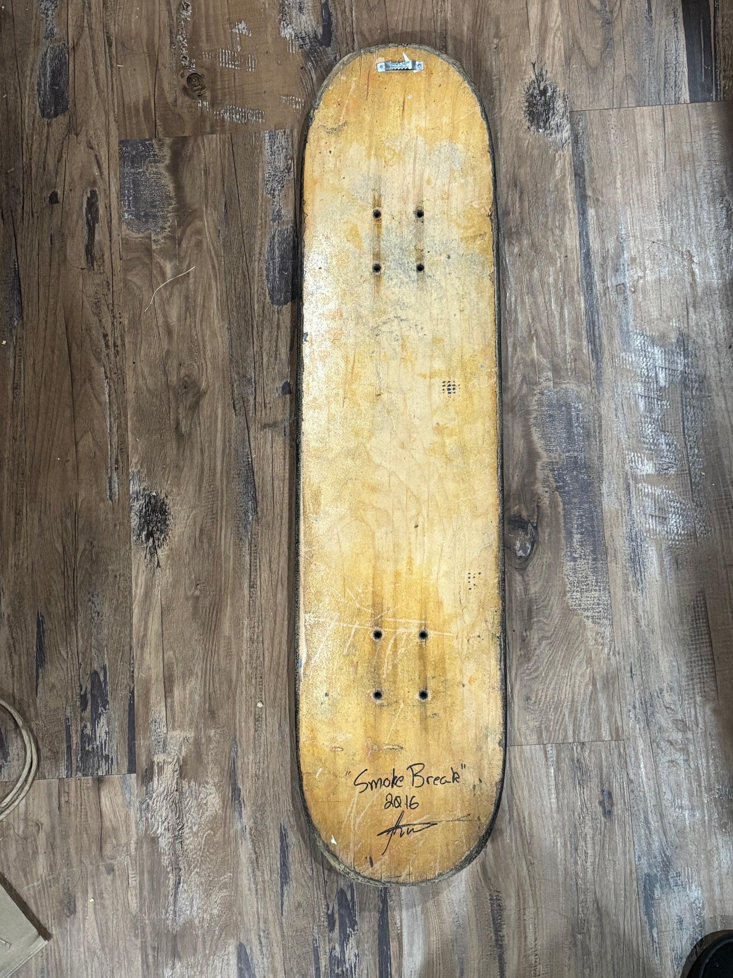 Product title: Smoke Break — Original Painted Reclaimed Skateboard Deck (2016)